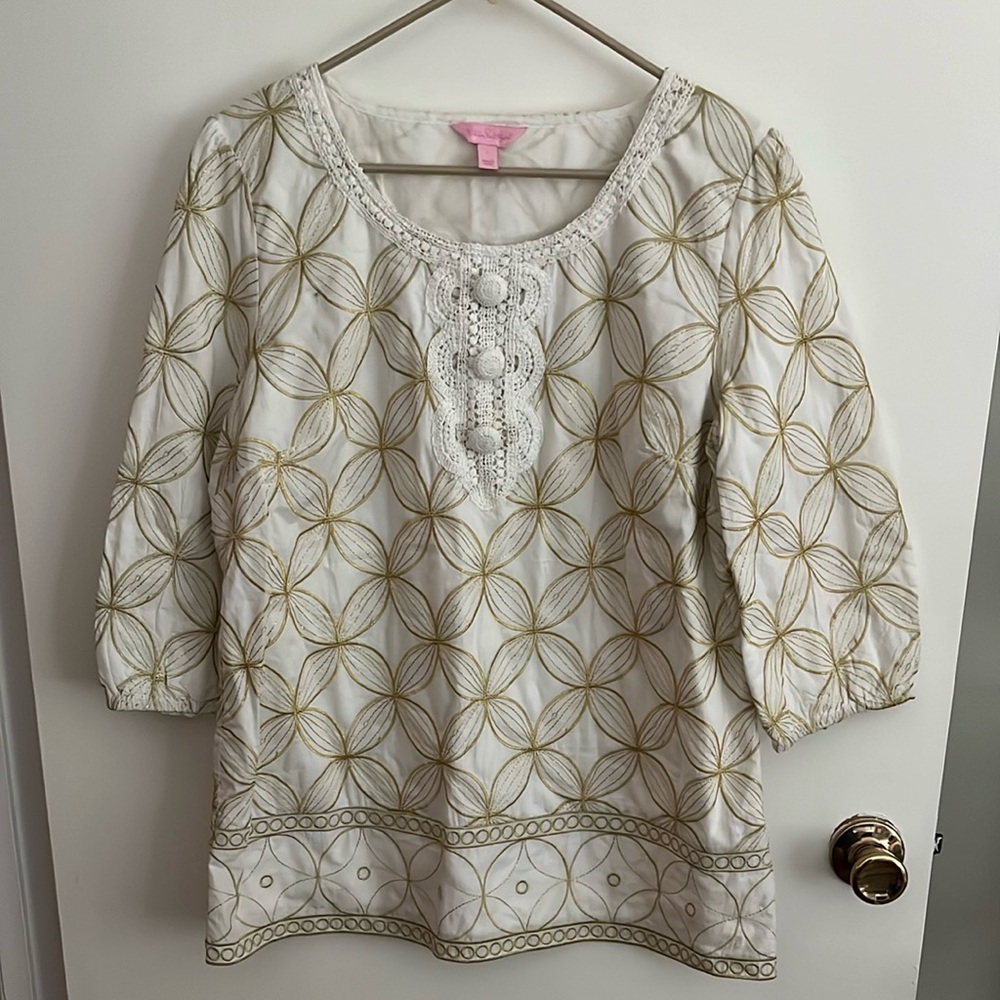 Women’s Lilly Pulitzer Size L Shannon Gold Embroidered Tunic Top 3/4 Sleeves